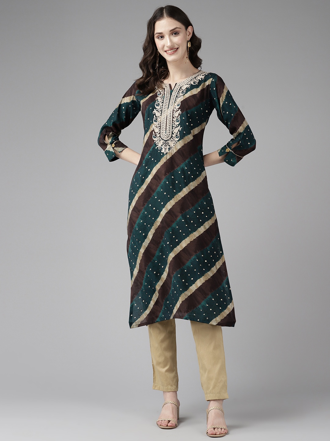 

Aarika Striped Dyed Zari Foil Print Kurta, Teal