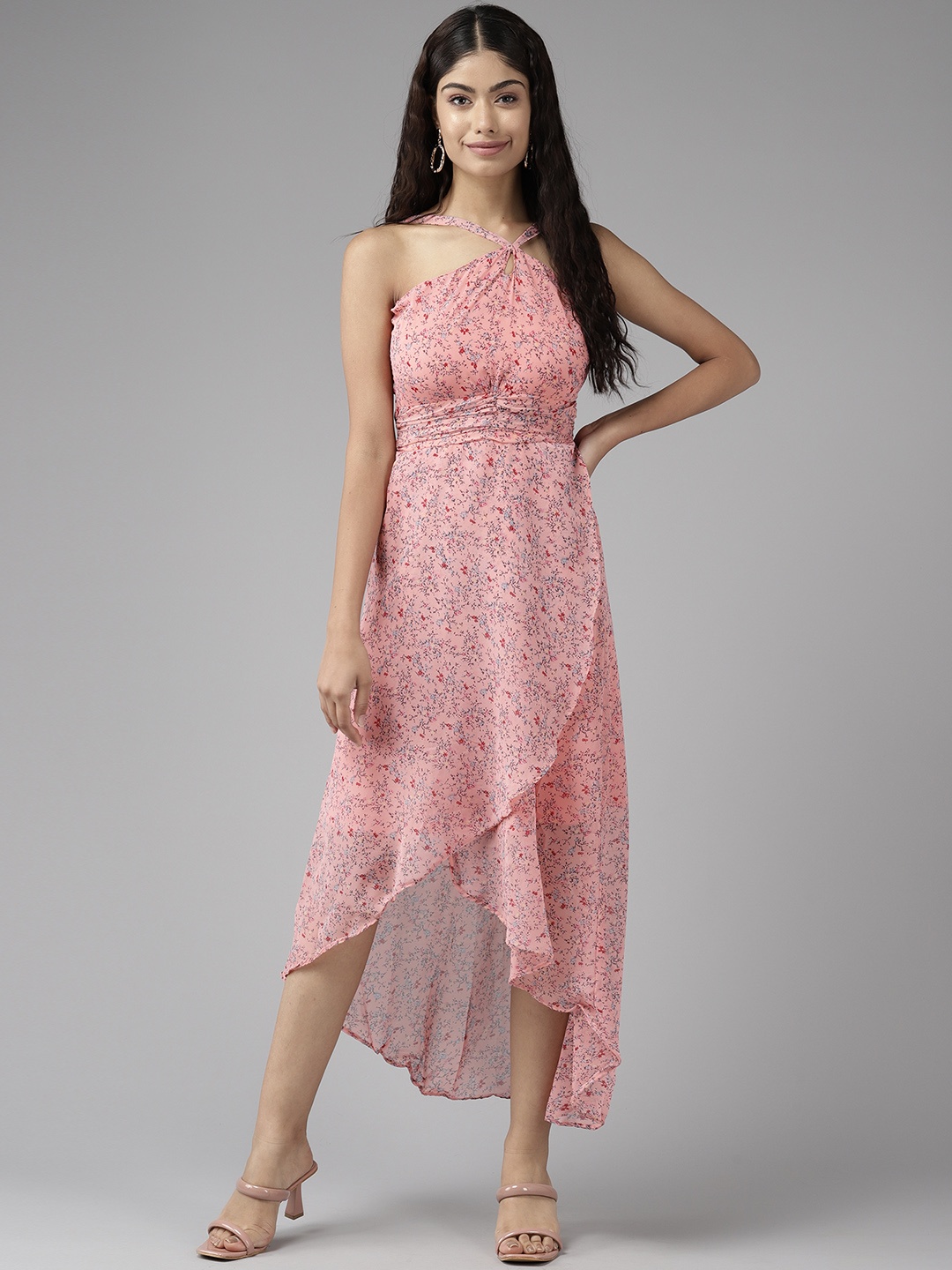 

Aarika Floral Print Keyhole Neck Georgette Fit & Flare Midi Dress, Peach
