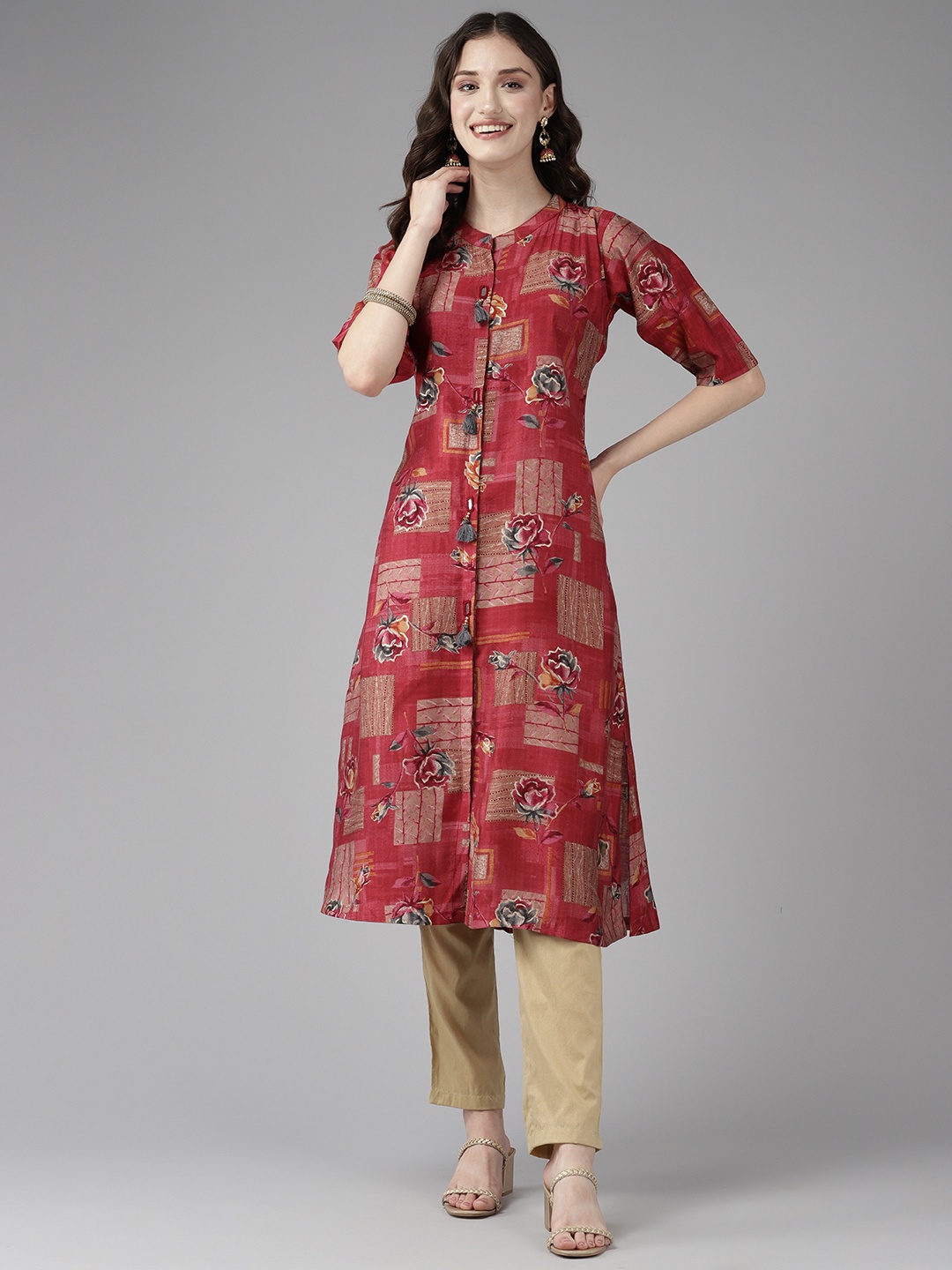 

Aarika Floral Printed Mandarin Collar Kurta, Red