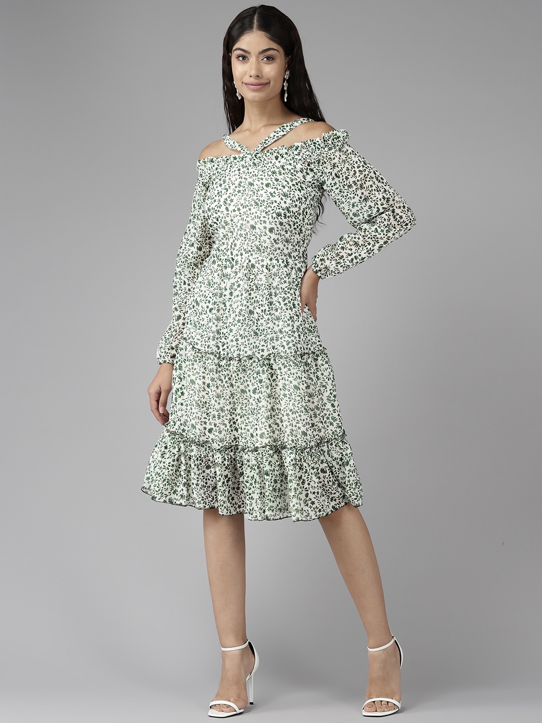 

Aarika Floral Print Off-Shoulder Puff Sleeve Georgette A-Line Dress, Green