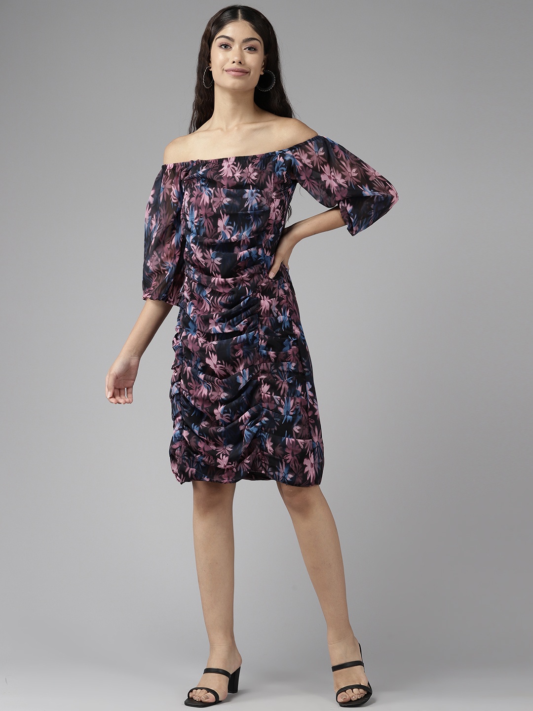 

Aarika Floral Print Off-Shoulder Puff Sleeve Georgette A-Line Dress, Black