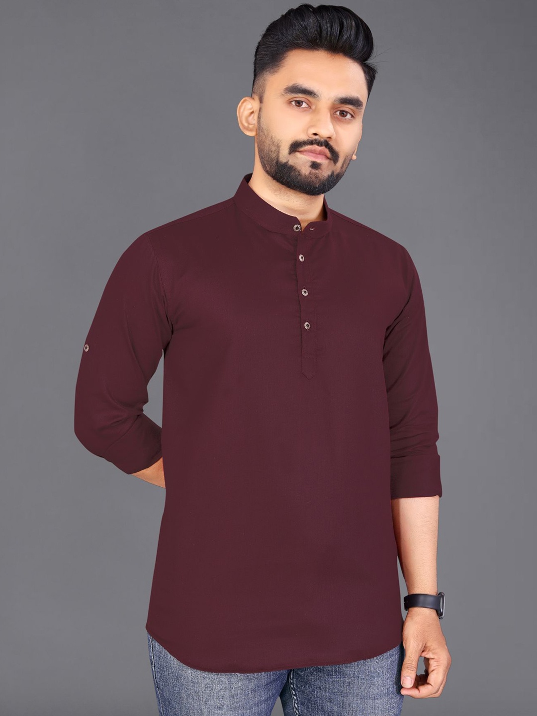 

ADWYN PETER Band Collar Curved Cotton Kurta, Burgundy