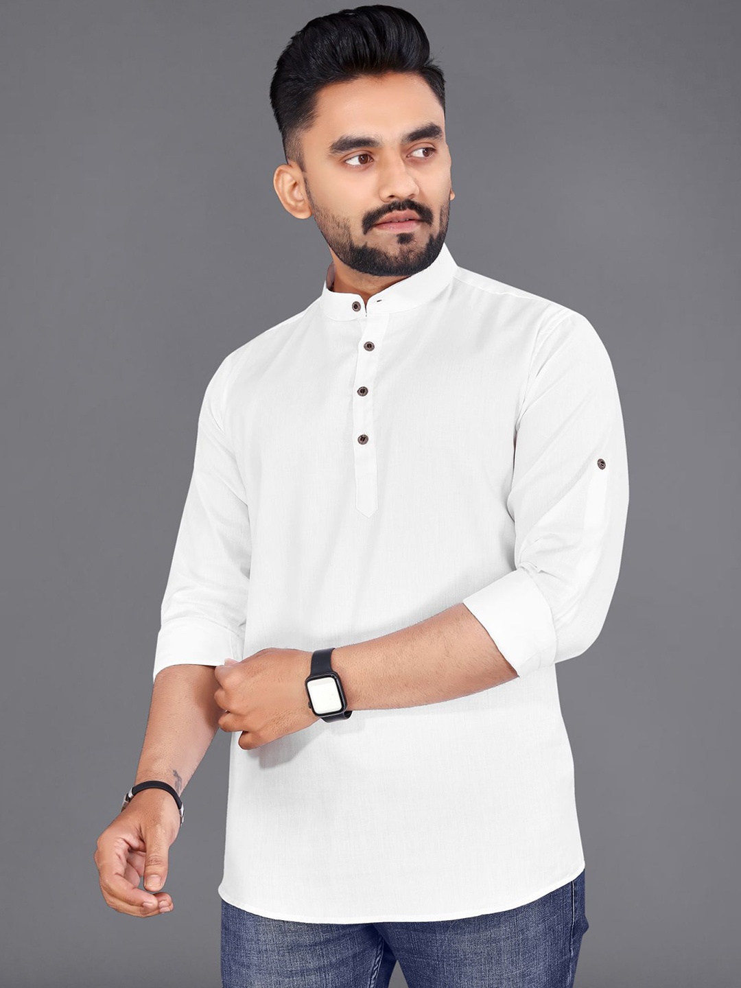 

ADWYN PETER Band Collar Curved Cotton Kurta, White
