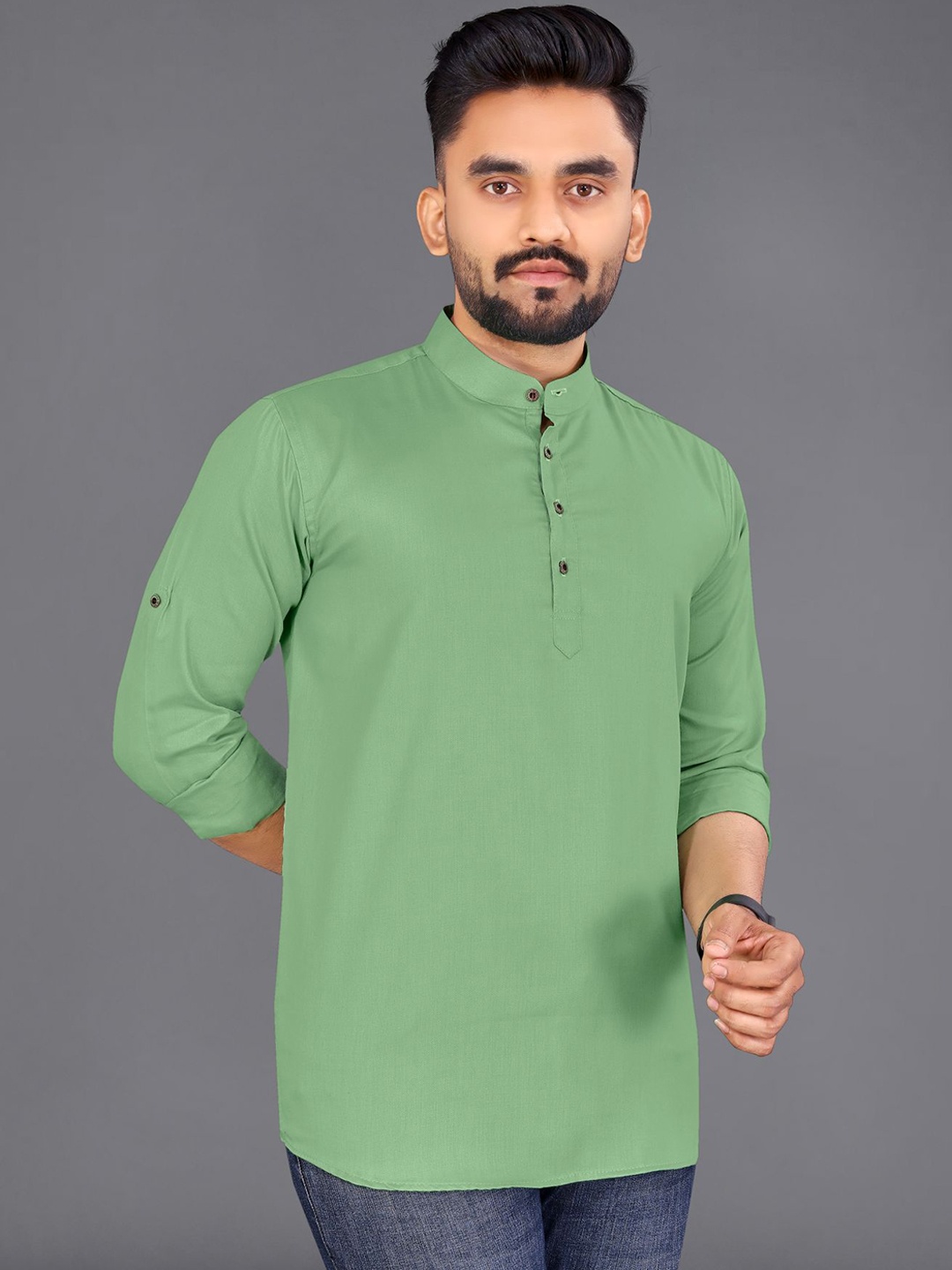 

ADWYN PETER Band Collar Curved Cotton Kurta, Green