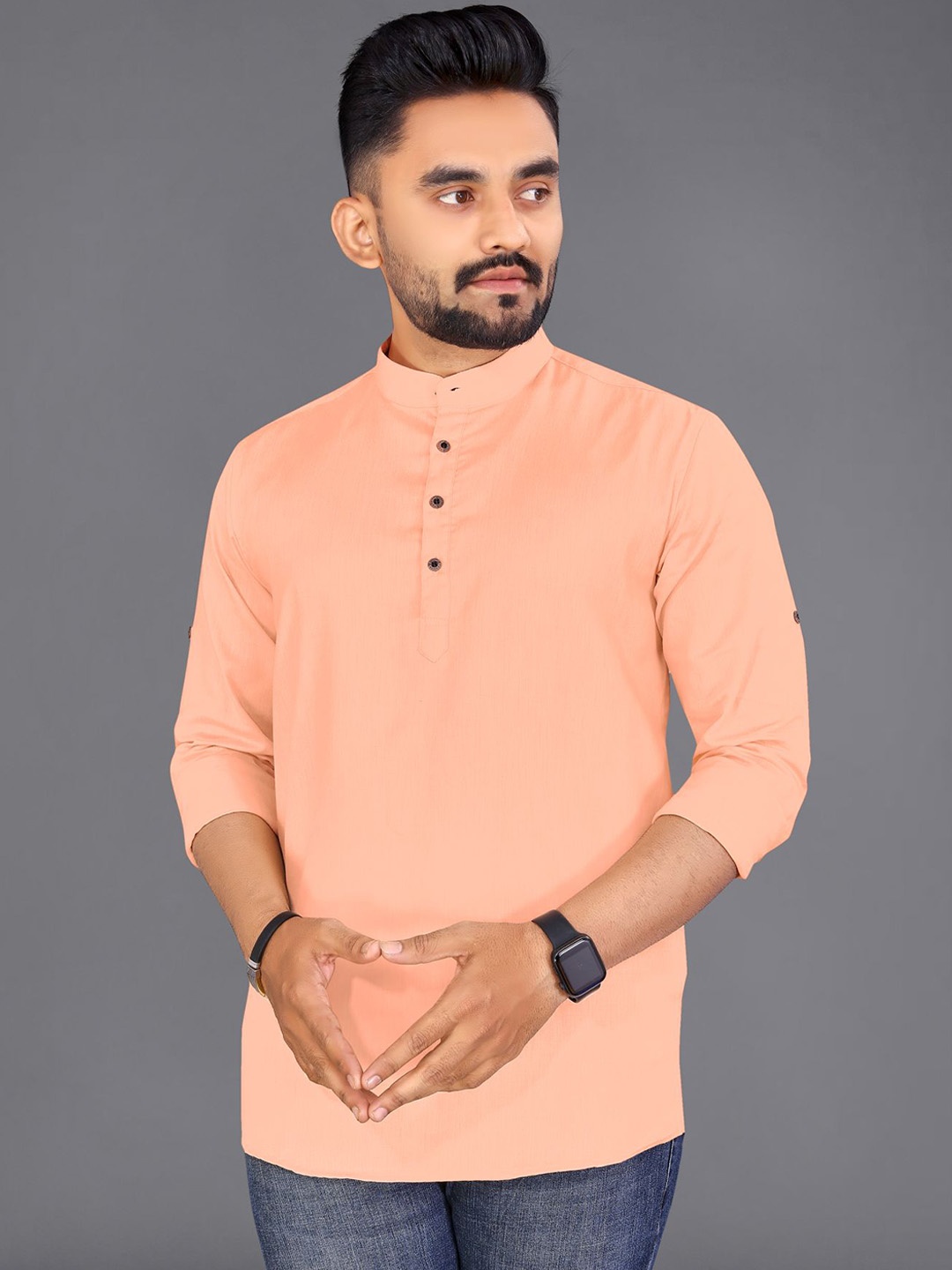 

ADWYN PETER Band Collar Curved Cotton Kurta, Peach