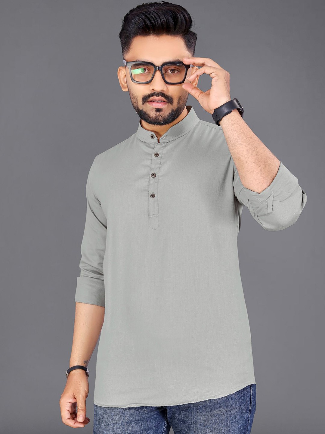 

ADWYN PETER Band Collar Cotton Short Kurta, Grey