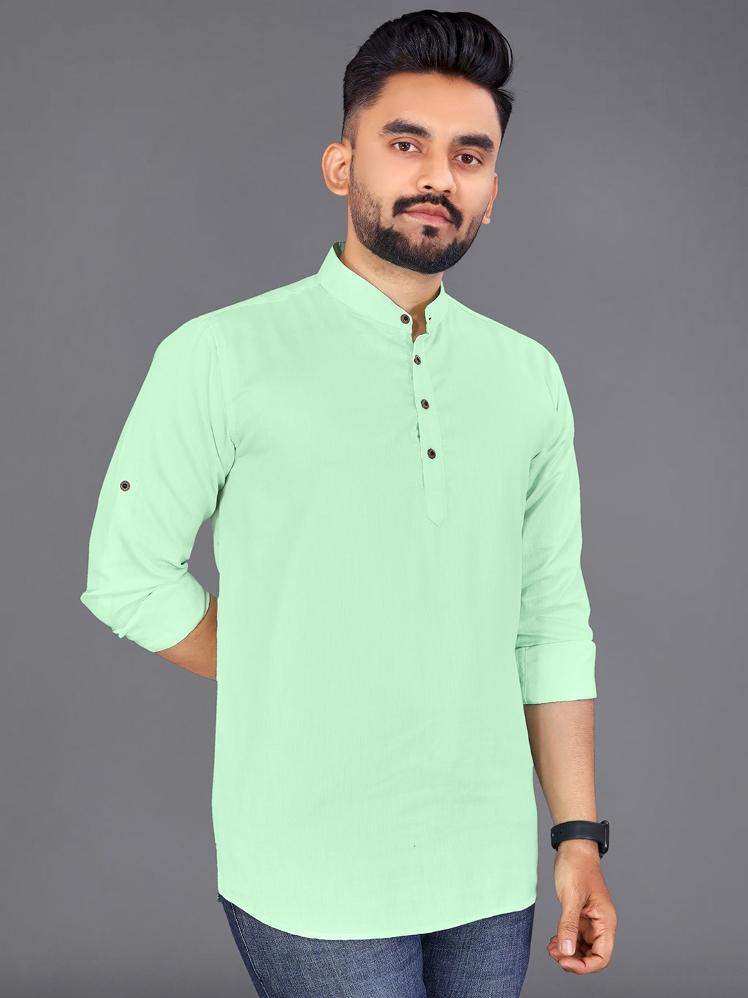 

ADWYN PETER Band Collar Curved Cotton Kurta, Green