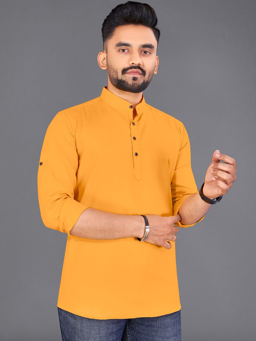 

ADWYN PETER Band Collar Curved Cotton Kurta, Mustard