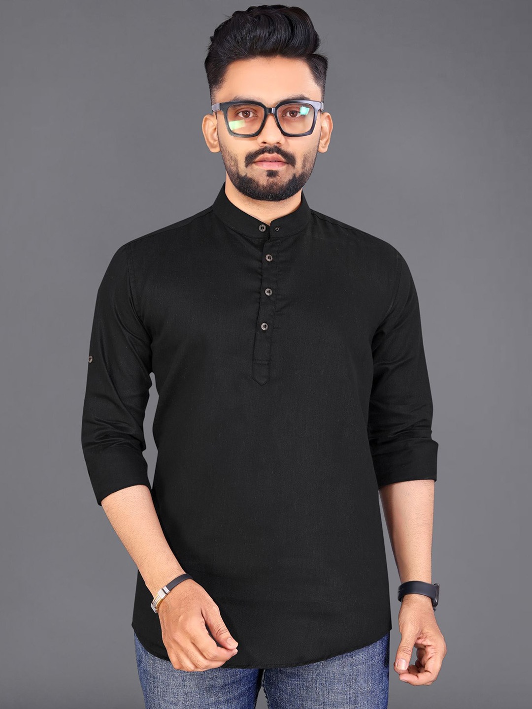 

ADWYN PETER Band Collar Curved Cotton Kurta, Black