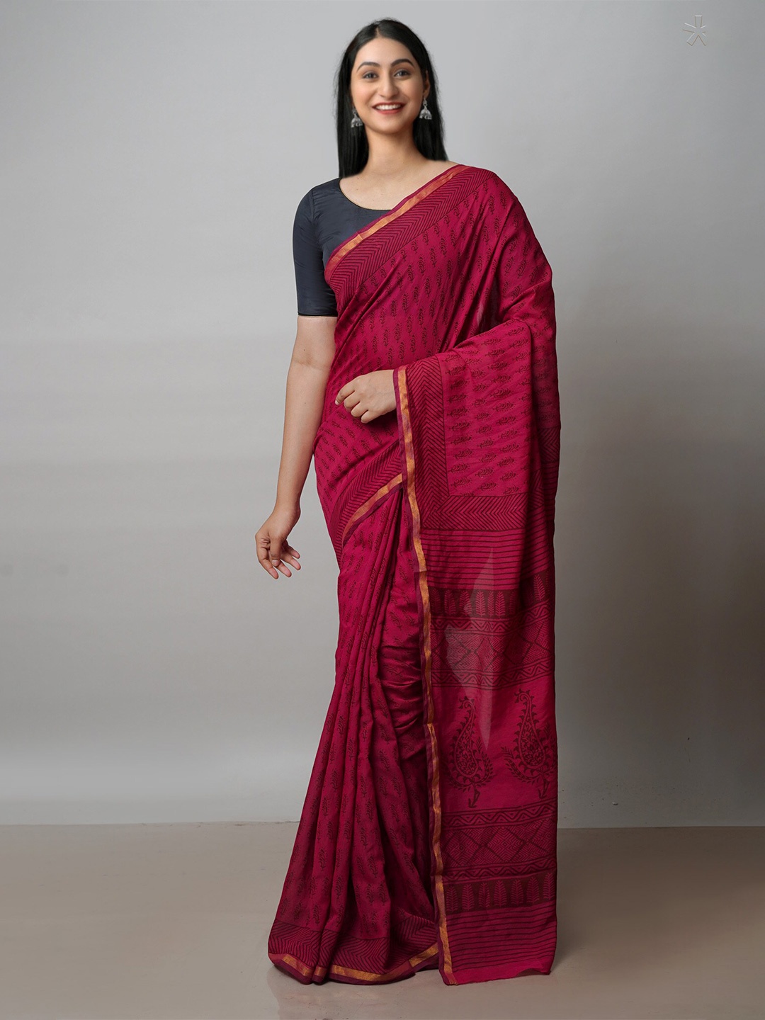 

Unnati Silks Bagh Zari Chanderi Saree With Blouse Piece, Pink