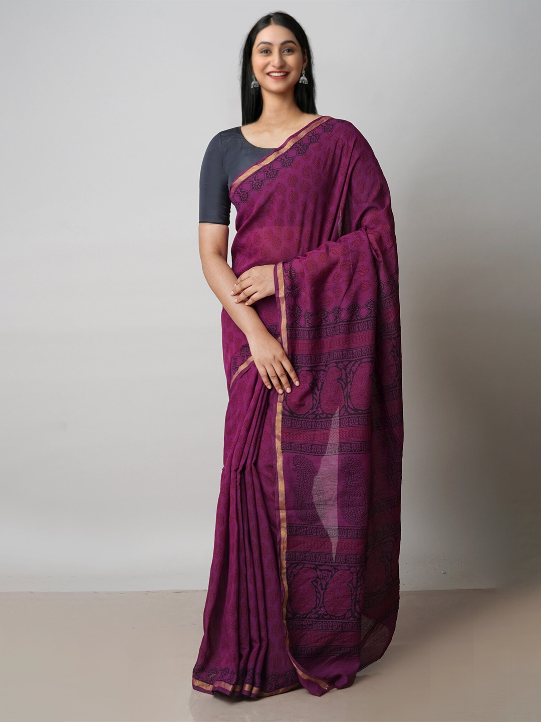 

Unnati Silks Bagh Zari Chanderi Saree With Blouse Piece, Purple
