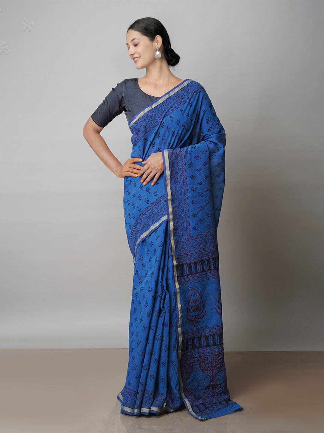 

Unnati Silks Bagh Zari Chanderi Saree With Blouse Piece, Blue