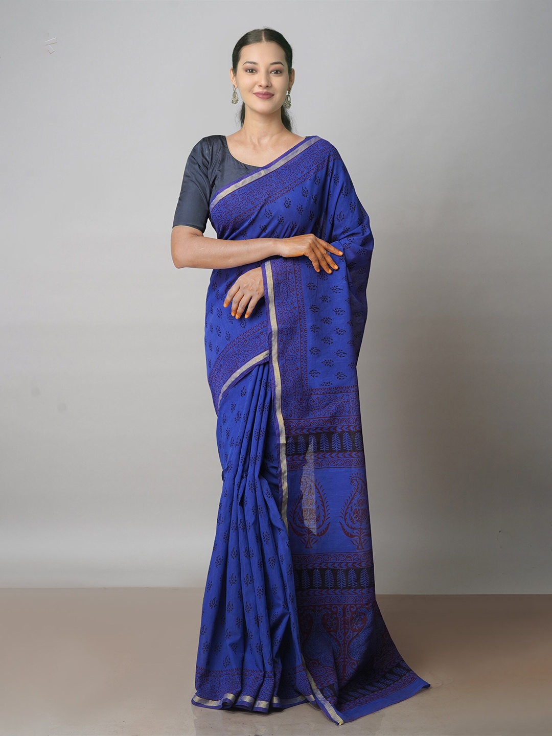 

Unnati Silks Bagh Zari Chanderi Saree With Blouse Piece, Blue