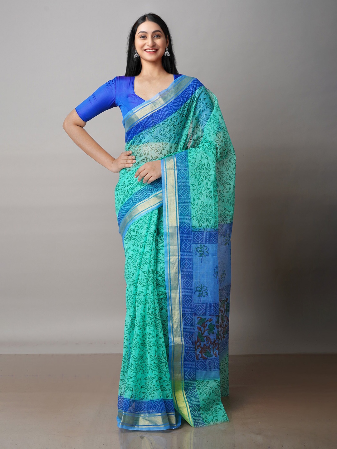 

Unnati Silks Floral Zari Pure Cotton Kota Saree With Blouse Piece, Green