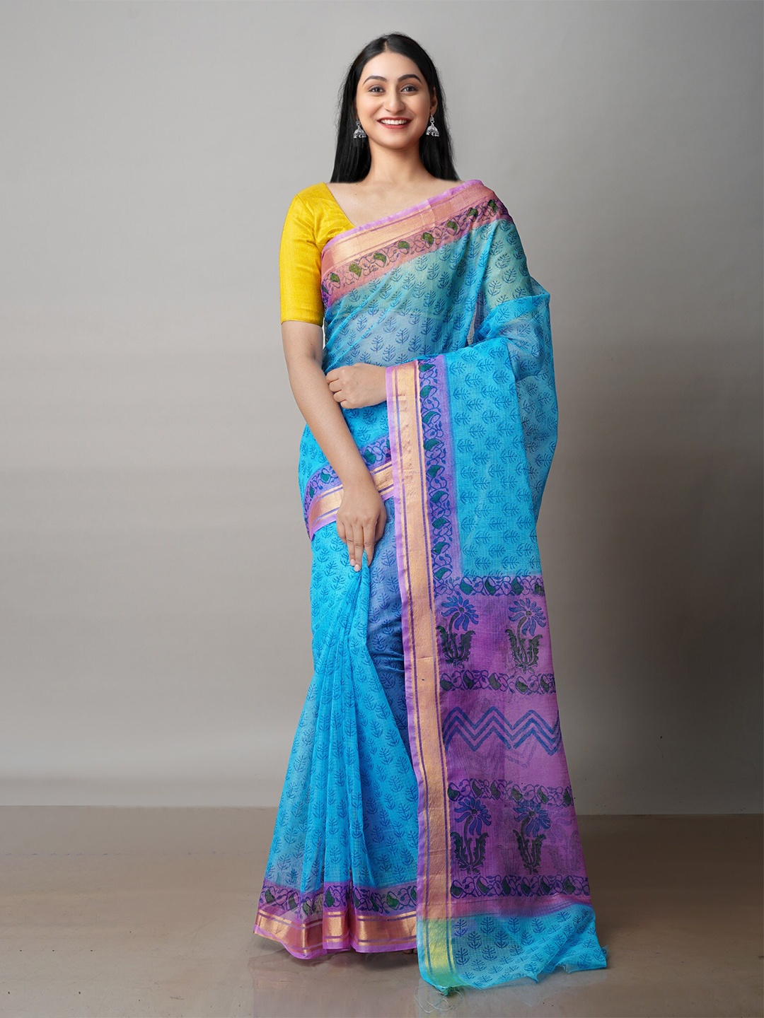 

Unnati Silks Ethnic Motifs Zari Pure Cotton Kota Saree With Blouse Piece, Blue