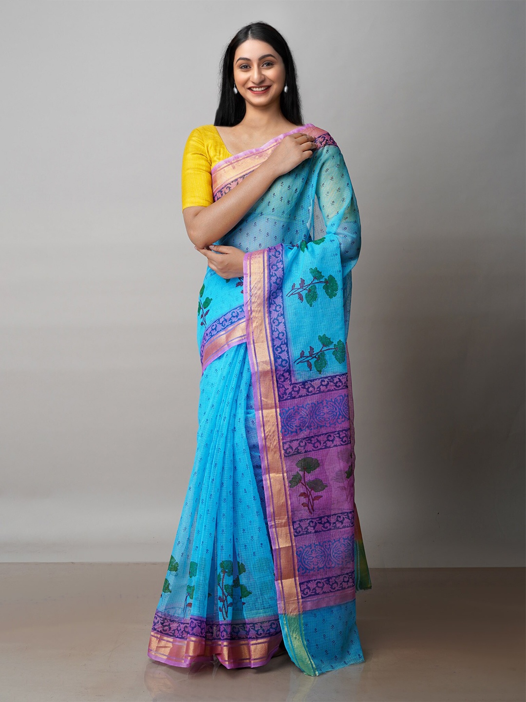 

Unnati Silks Blue & Purple Floral Zari Pure Cotton Kota Saree