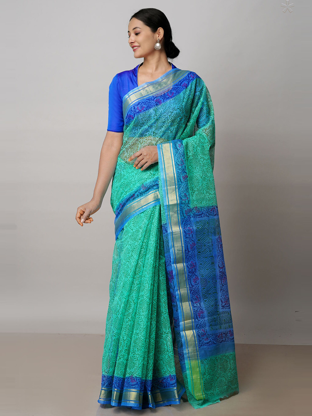 

Unnati Silks Green & Blue Ethnic Motifs Zari Pure Cotton Handloom Kota Saree