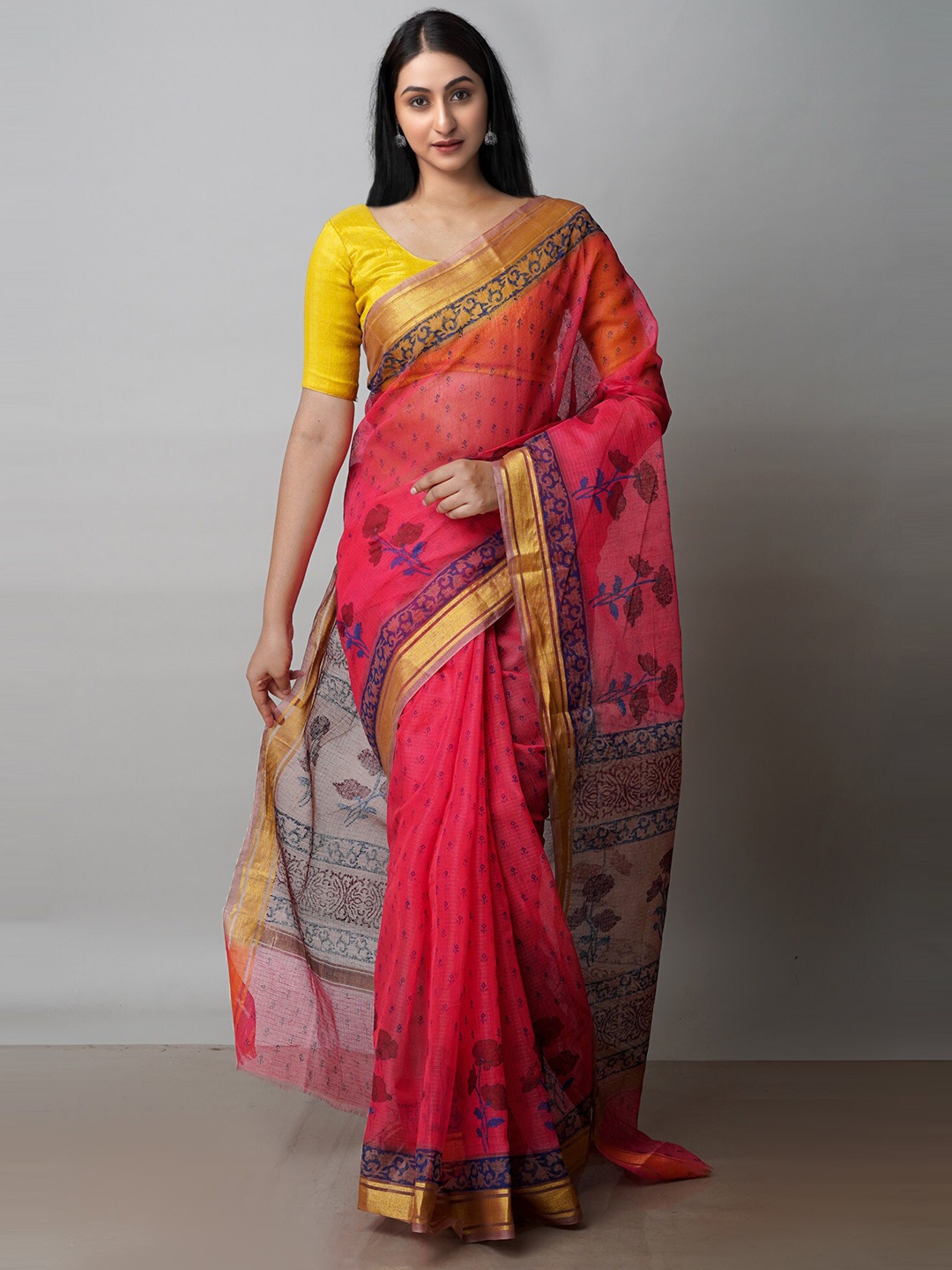 

Unnati Silks Red & Blue Ethnic Motifs Zari Pure Cotton Handloom Kota Saree
