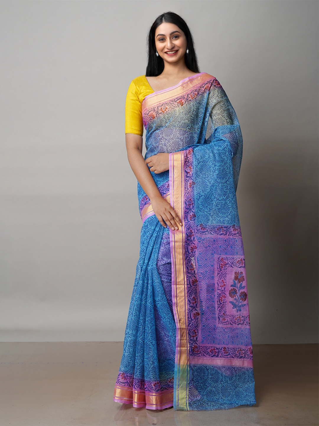 

Unnati Silks Blue & Pink Ethnic Motifs Zari Pure Cotton Handloom Kota Saree