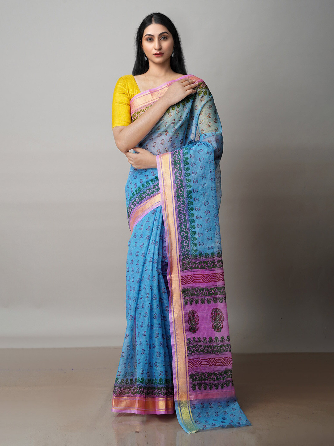 

Unnati Silks Blue & Pink Ethnic Motifs Zari Pure Cotton Kota Saree