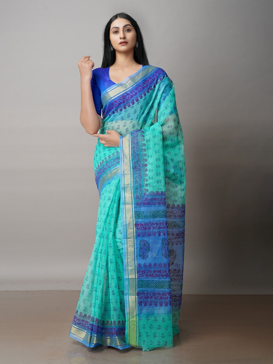

Unnati Silks Green & Blue Ethnic Motifs Zari Pure Cotton Handloom Kota Saree
