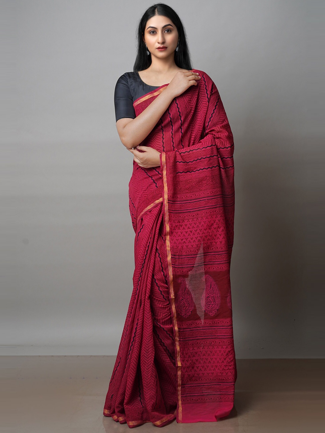 

Unnati Silks Pink & Black Bagh Zari Chanderi Saree