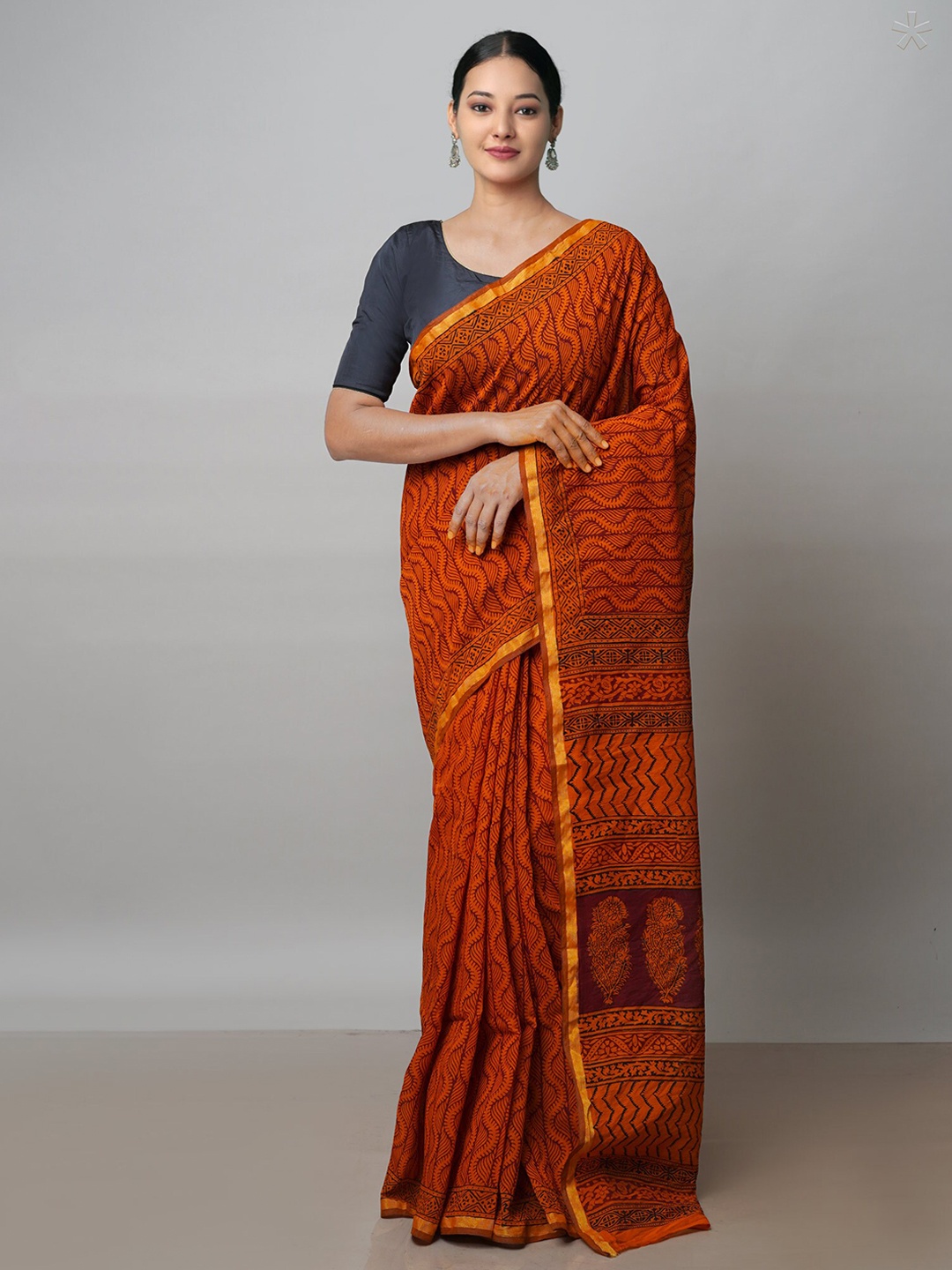 

Unnati Silks Bagh Printed Zari Chanderi Saree, Orange