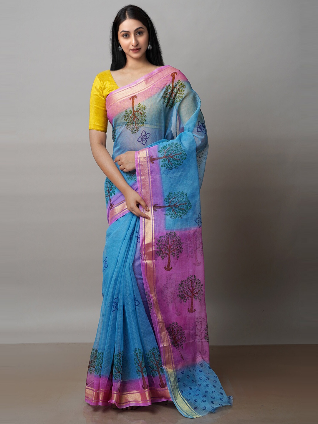 

Unnati Silks Blue & Purple Ethnic Motifs Zari Pure Cotton Handloom Kota Saree