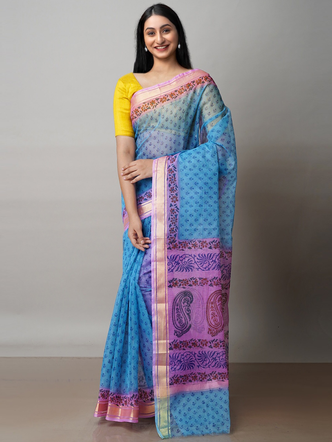 

Unnati Silks Blue & Red Ethnic Motifs Zari Pure Cotton Kota Saree