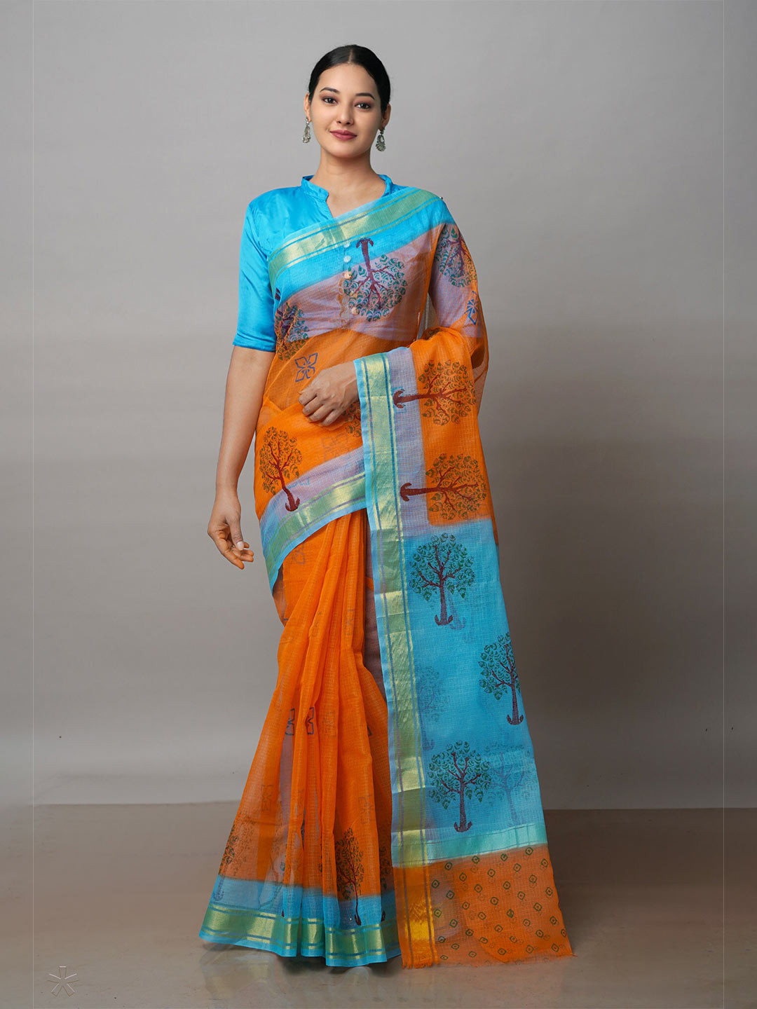 

Unnati Silks Orange & Blue Ethnic Motifs Zari Pure Cotton Kota Saree