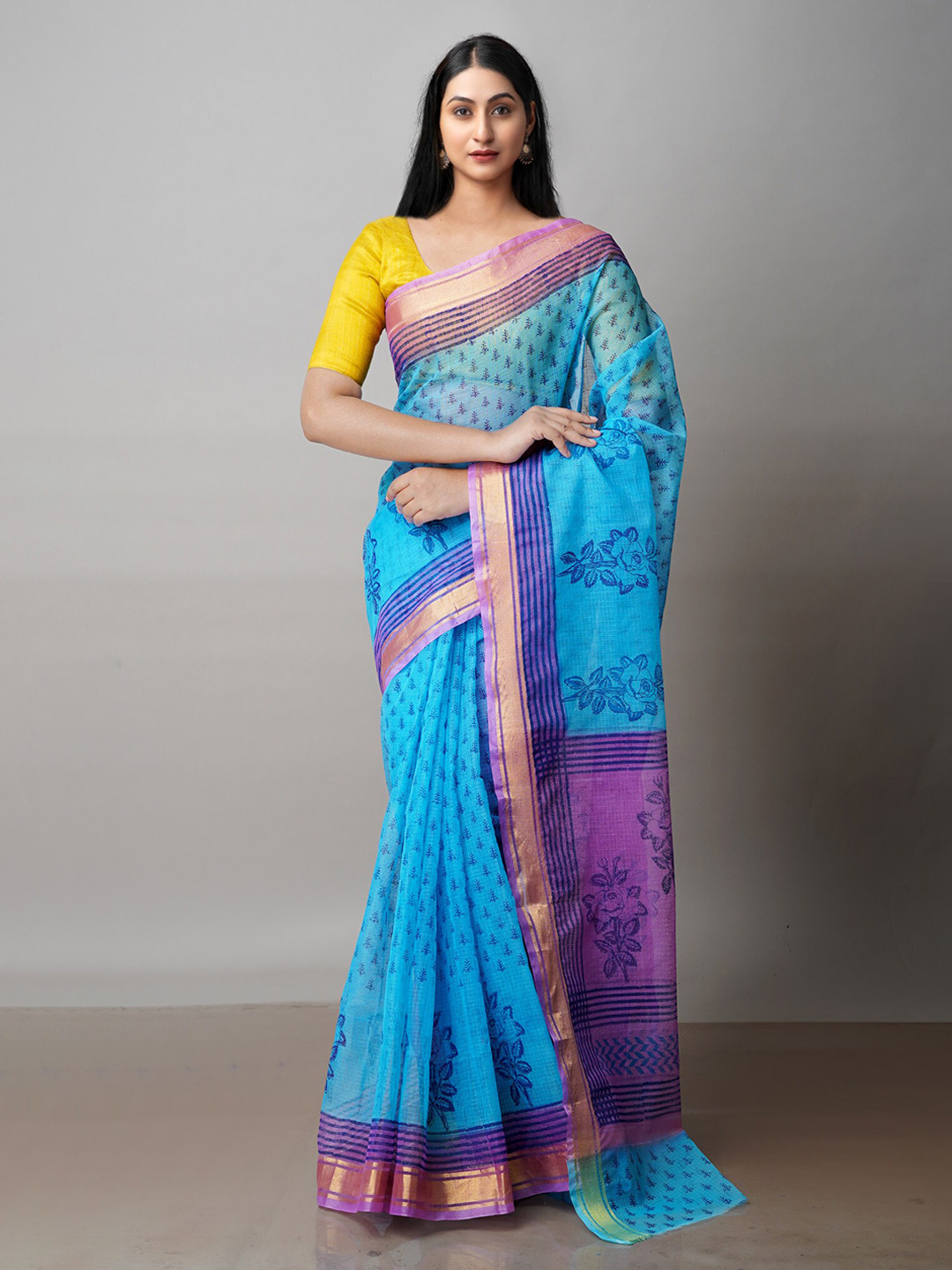 

Unnati Silks Blue & Purple Ethnic Motifs Zari Pure Cotton Kota Saree