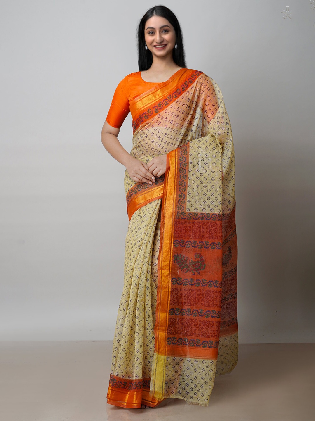 

Unnati Silks Ethnic Motifs Block Printed Zari Pure Cotton Kota Saree, Beige