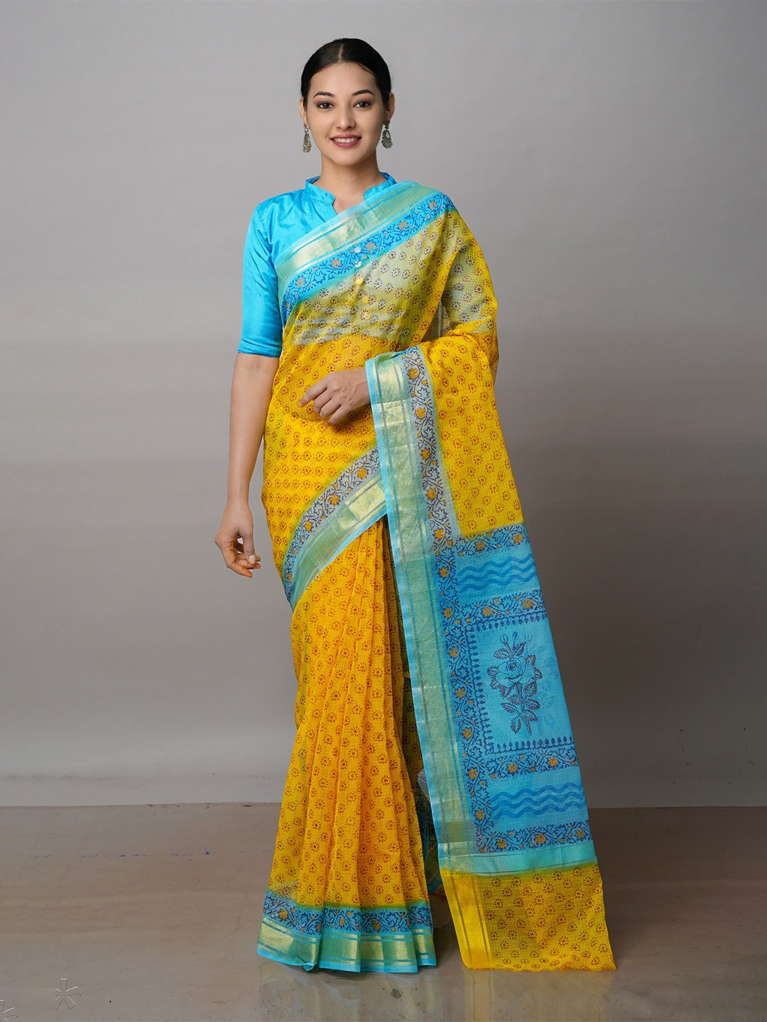 

Unnati Silks Ethnic Motifs Block Printed Zari Pure Cotton Kota Saree, Yellow