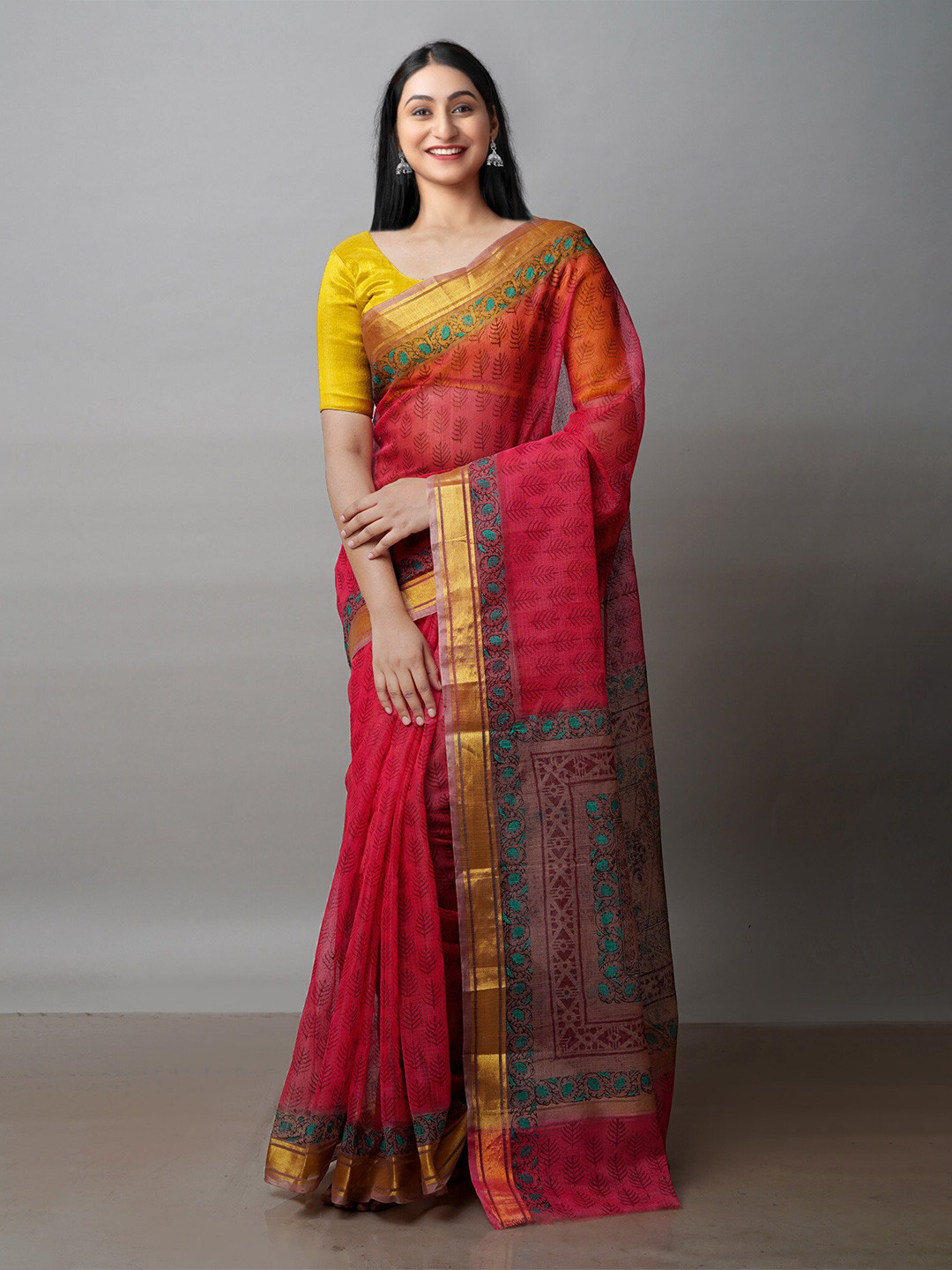 

Unnati Silks Red & Blue Ethnic Motifs Zari Pure Cotton Kota Saree