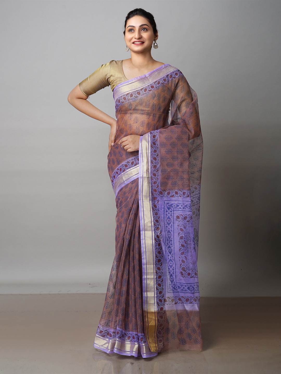 

Unnati Silks Ethnic Motifs Block Printed Zari Pure Cotton Kota Saree, Burgundy