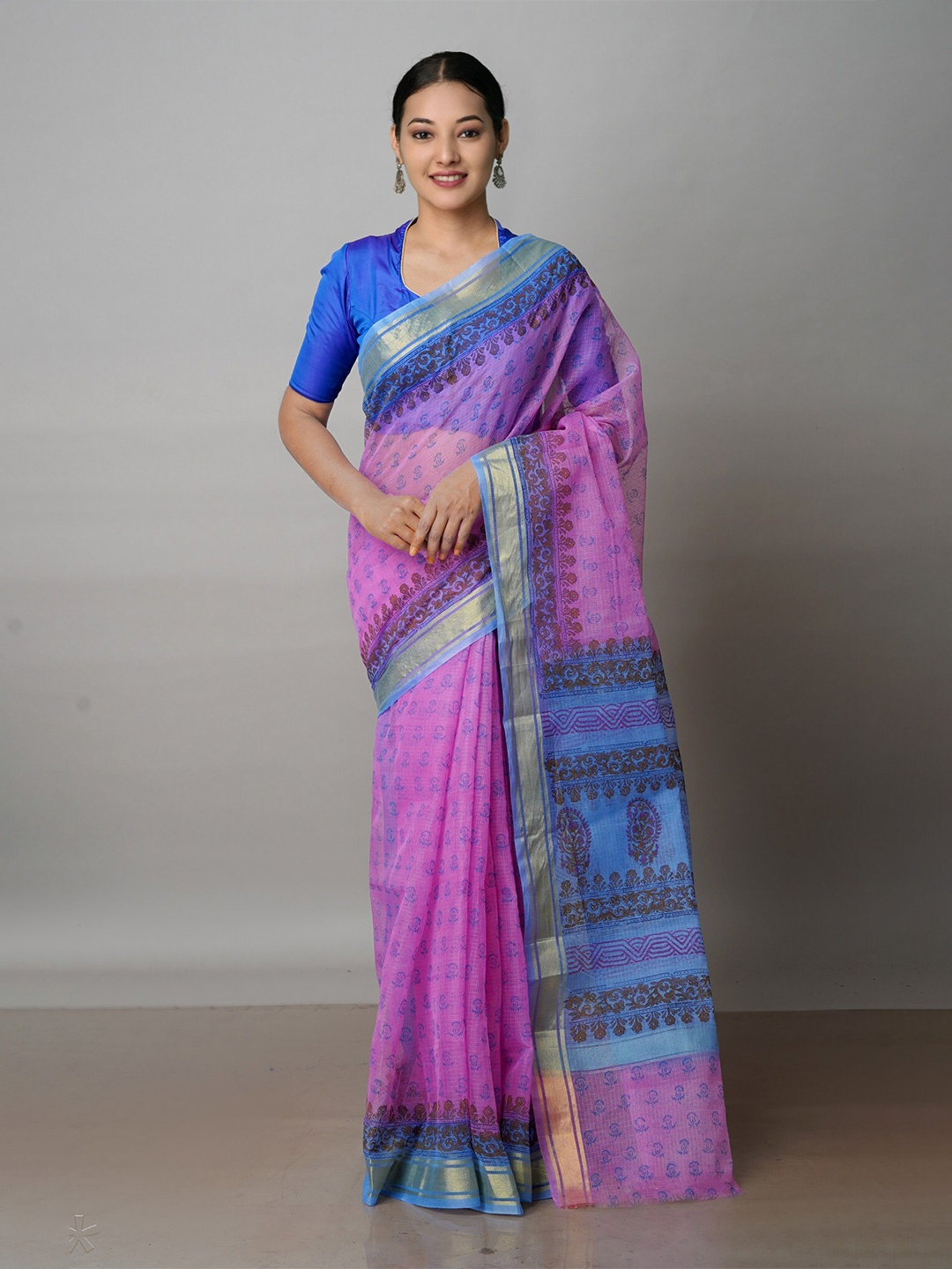 

Unnati Silks Ethnic Motifs Block Printed Zari Pure Cotton Handloom Kota Saree, Pink