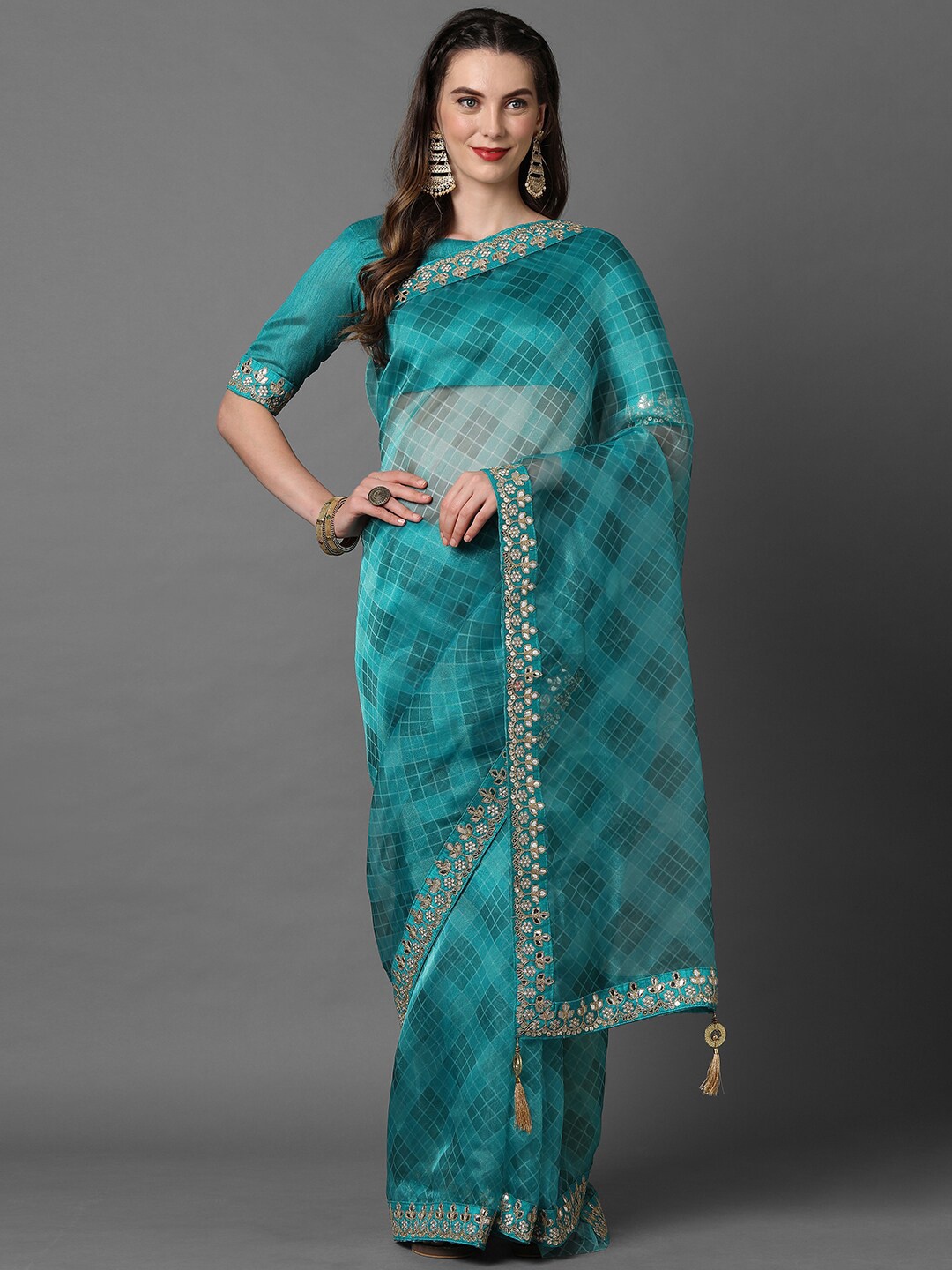 

Mitera Teal & Gold-Toned Checked Sequined Organza Saree