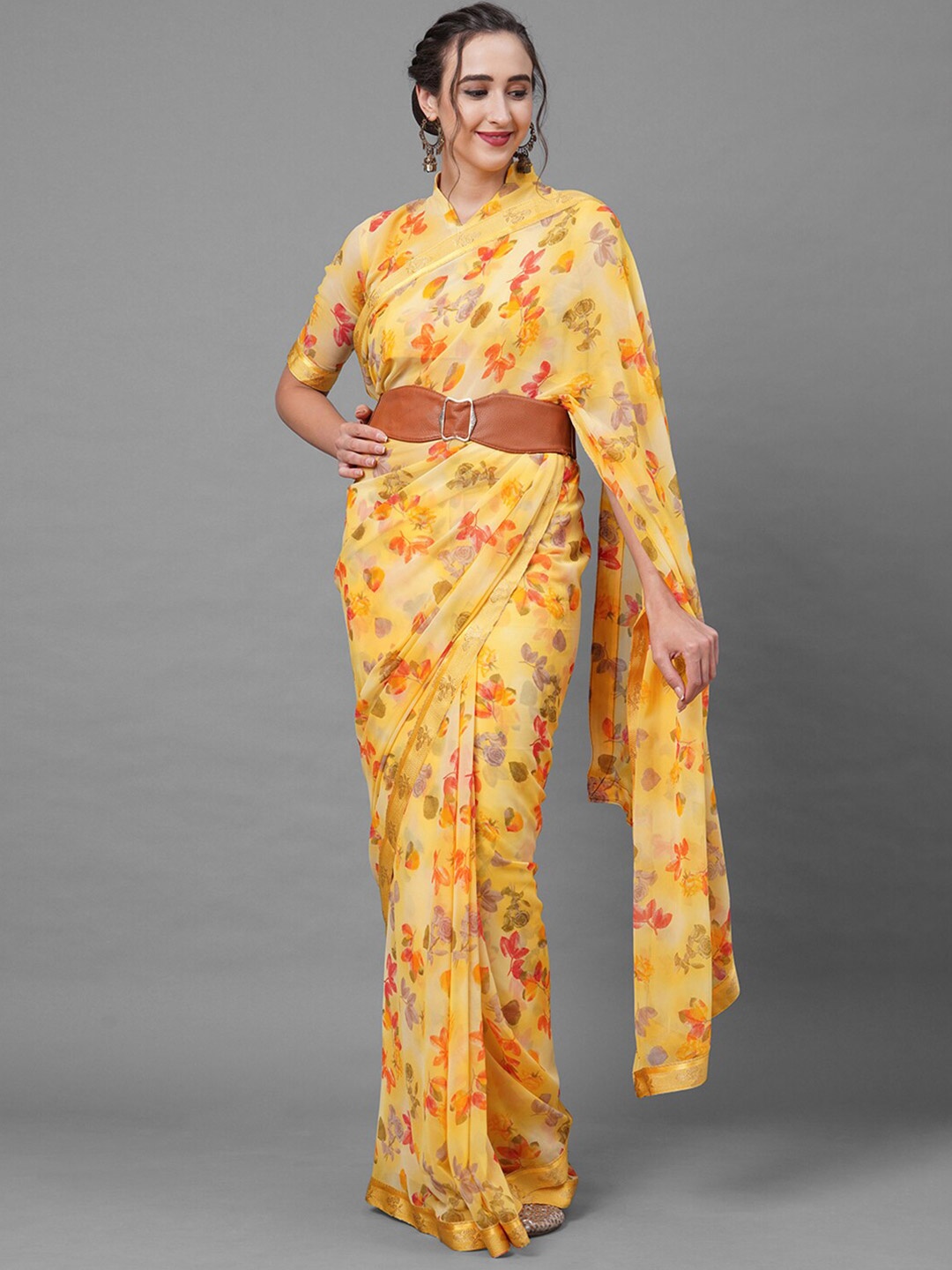 

Mitera Yellow & Red Floral Printed Zari Pure Georgette Saree