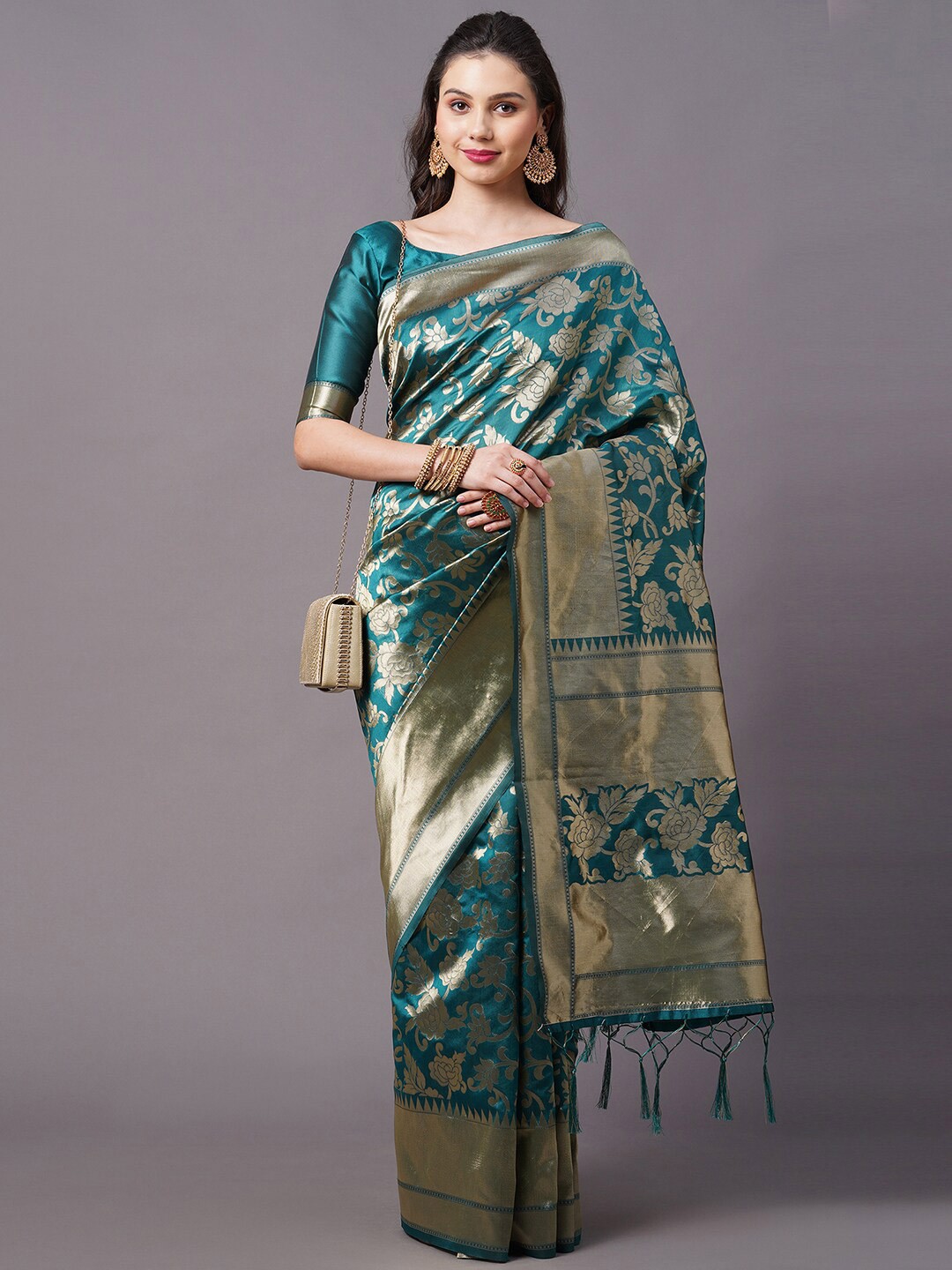 

Mitera Teal & Gold-Toned Woven Design Floral Zari Banarasi Saree