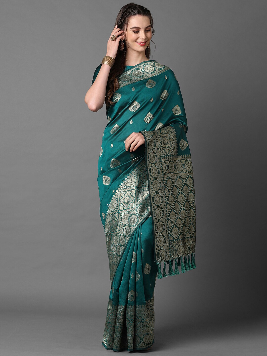 

Mitera Teal Blue & Gold-Toned Ethnic Motif Woven Design Zari Banarasi Saree