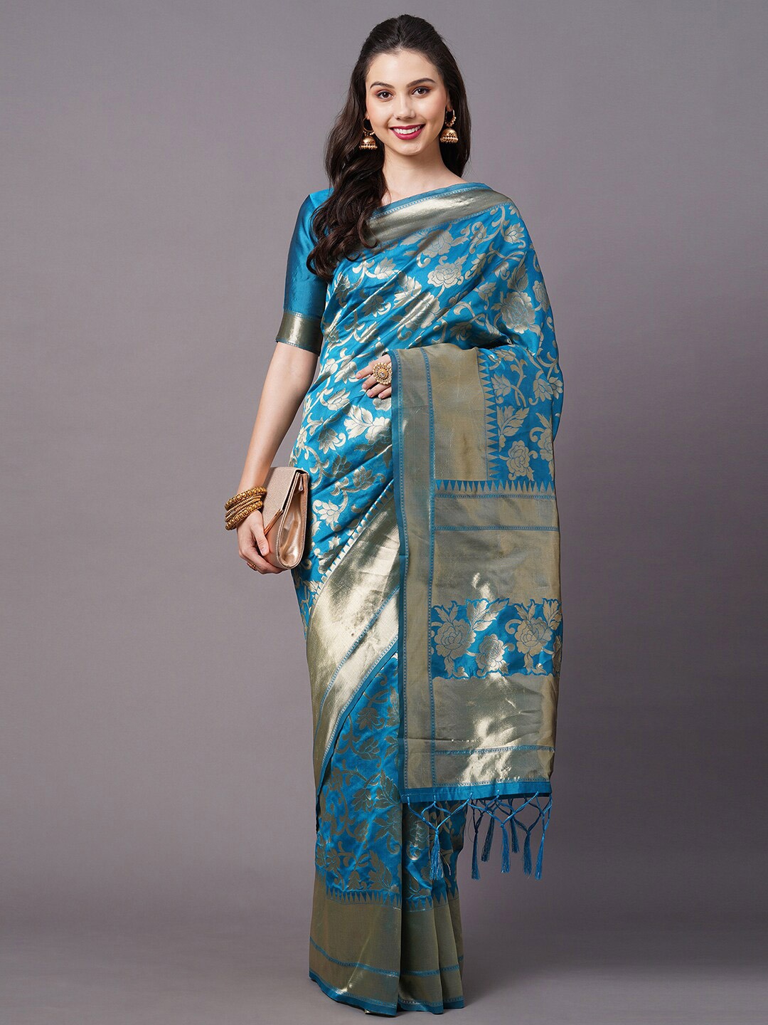

Mitera Blue & Gold-Toned Floral Woven Design Zari Banarasi Saree