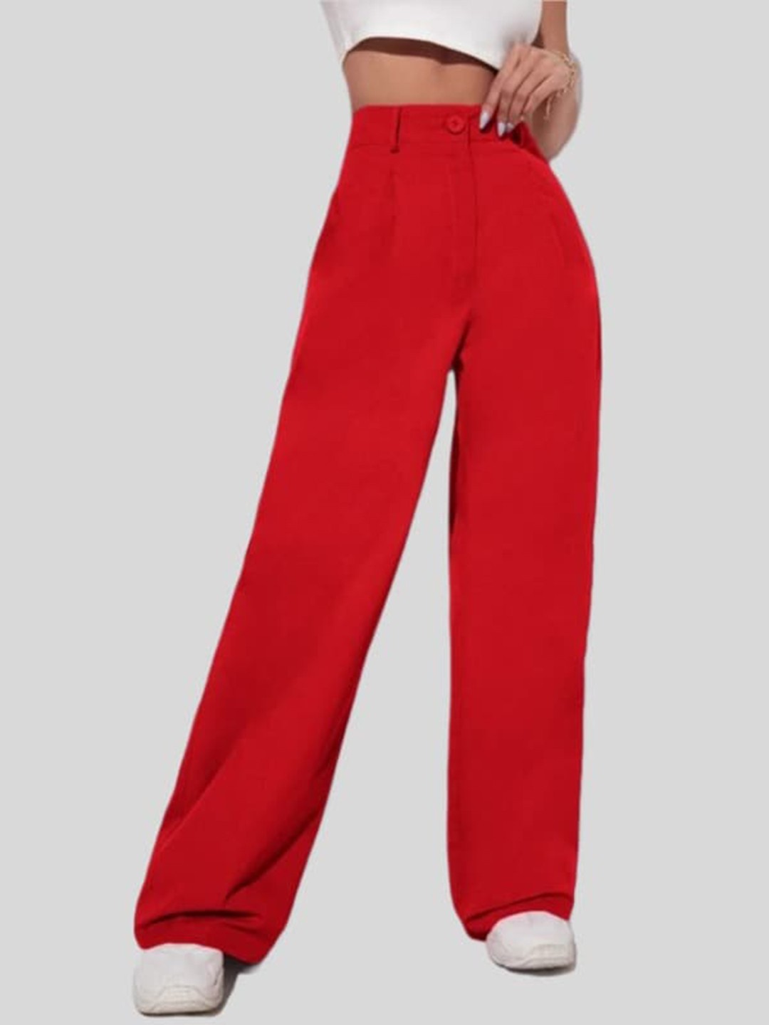 

FNOCKS Women Comfort Flared Pure Cotton Trousers, Red