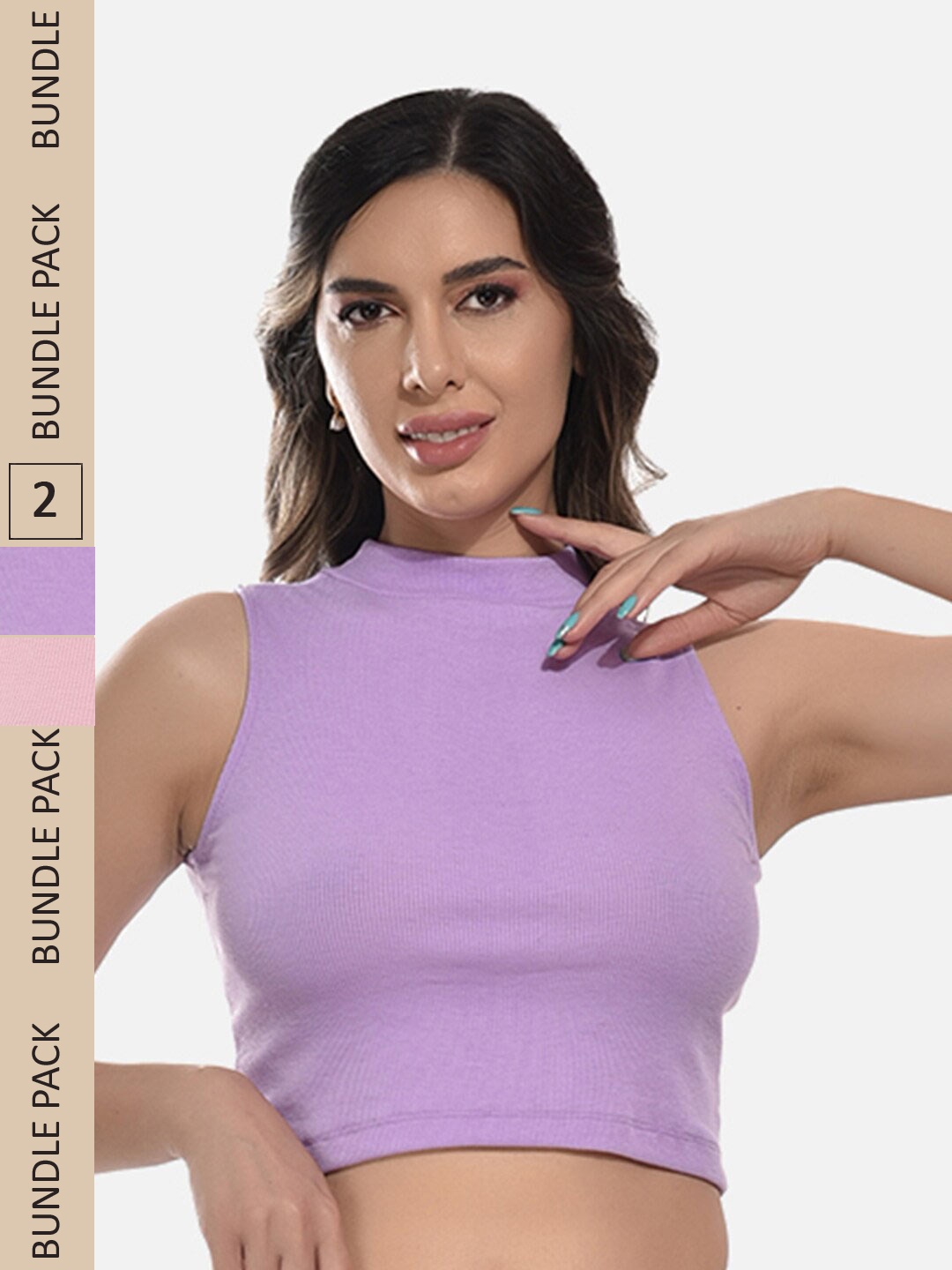 

FIMS Pack Of 2 High Neck Sleeveless Cotton Top, Purple