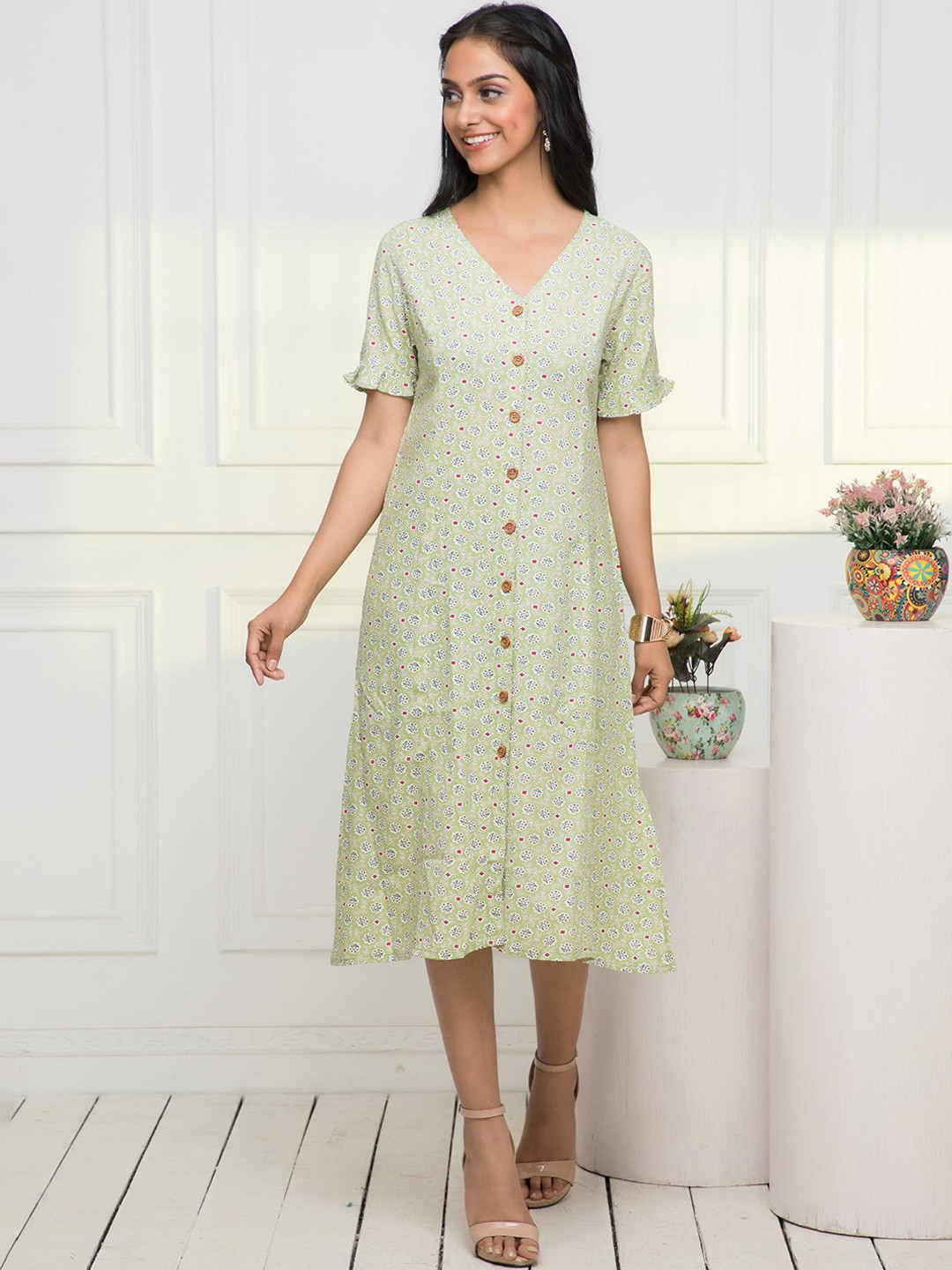 

Myshka Floral Printed V-Neck A-Line Midi Dress, Green