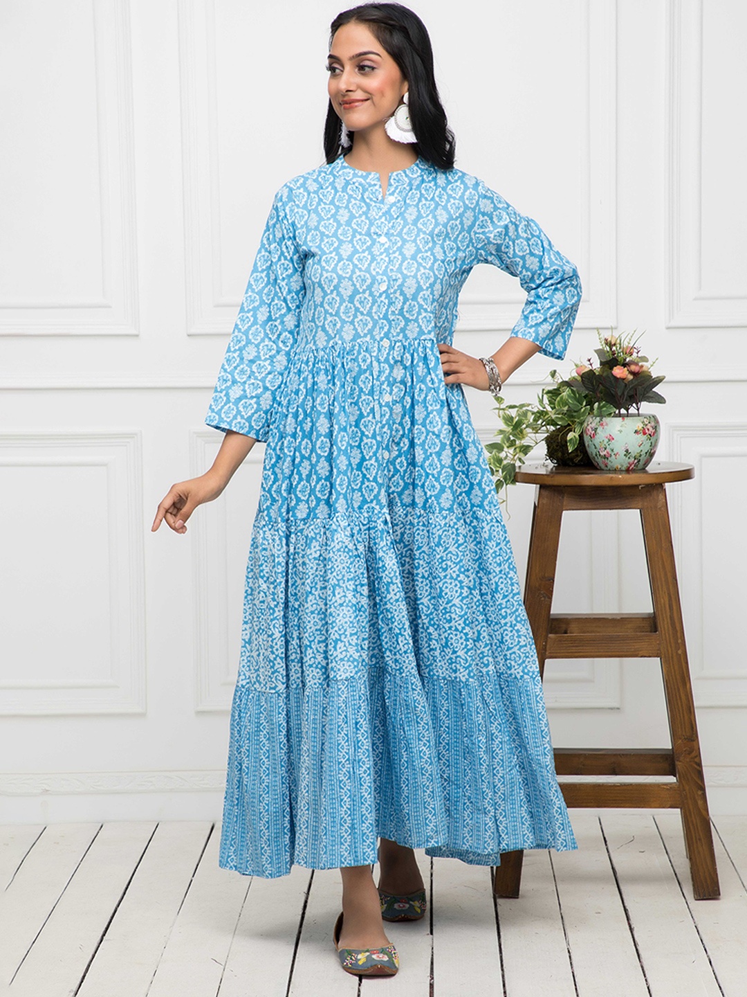 

Myshka Floral Printed Mandarin Collar Cotton Maxi Dress, Blue