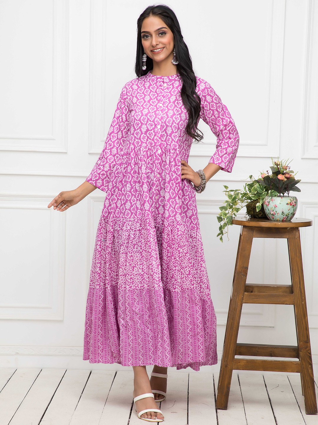 

Myshka Floral Printed Mandarin Collar Cotton Maxi Dress, Pink