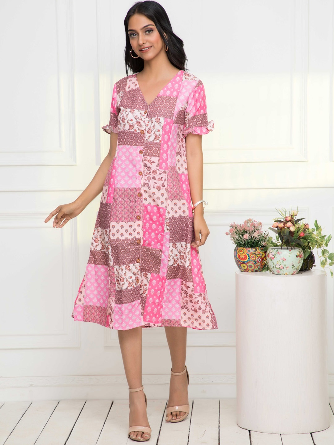 

Myshka Floral Printed A-Line Dress, Pink