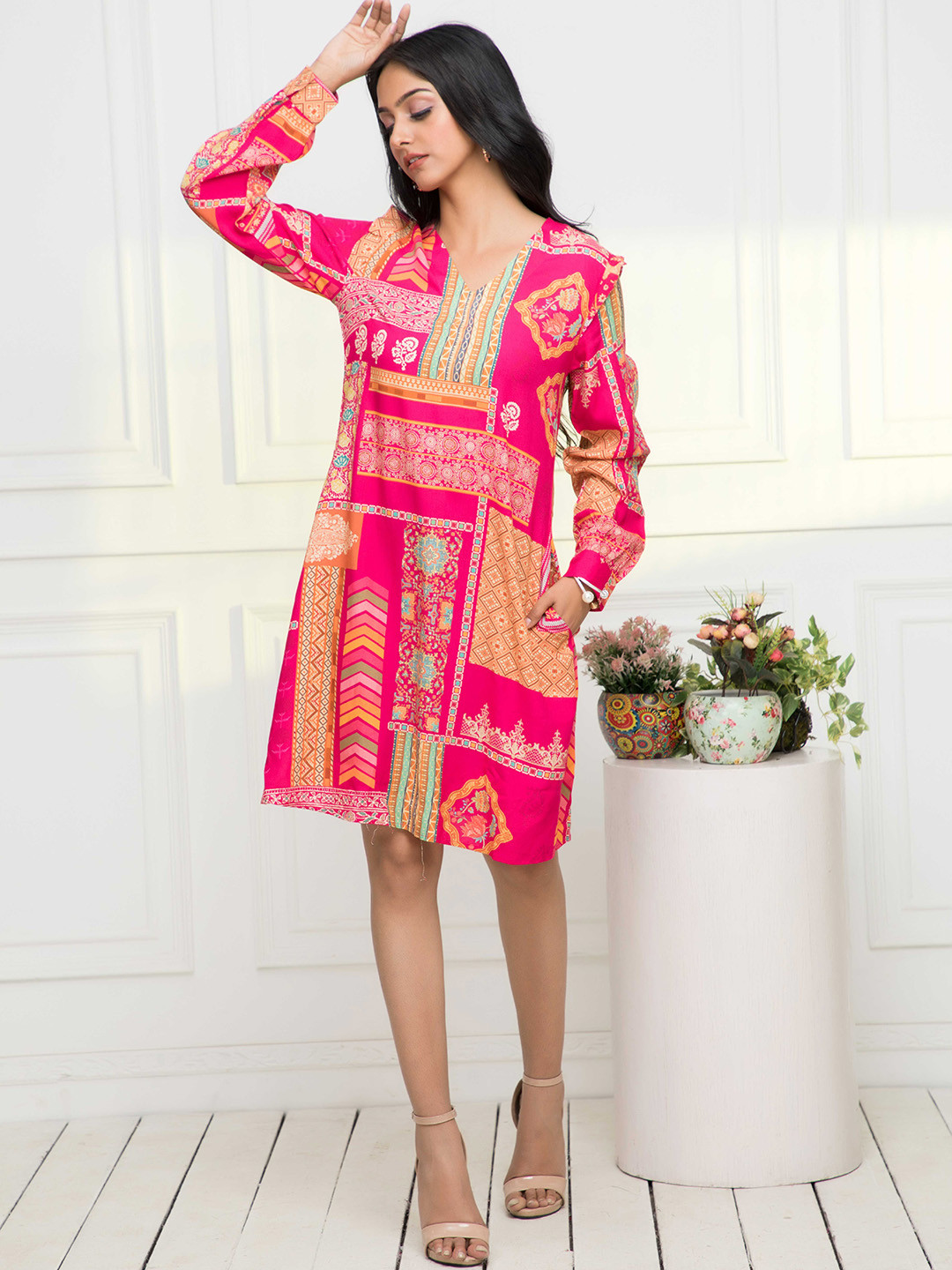 

Myshka Floral Printed V-Neck A-Line Midi Dress, Pink