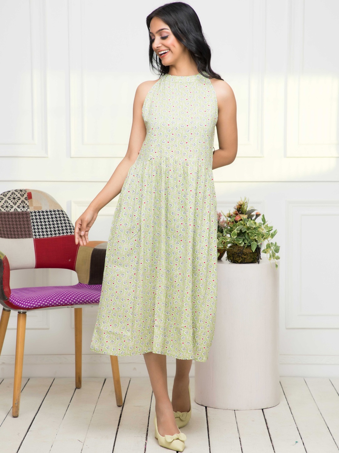 

Myshka Floral Printed High Neck Fit & Flare Midi Dress, Green