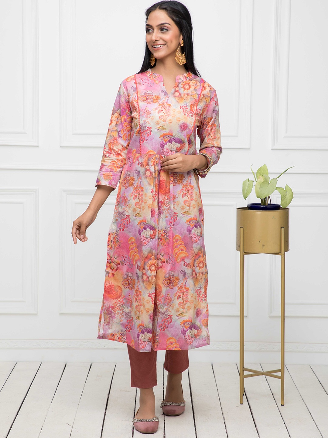 

Myshka Floral Printed Cotton A-Line Kurta, Pink